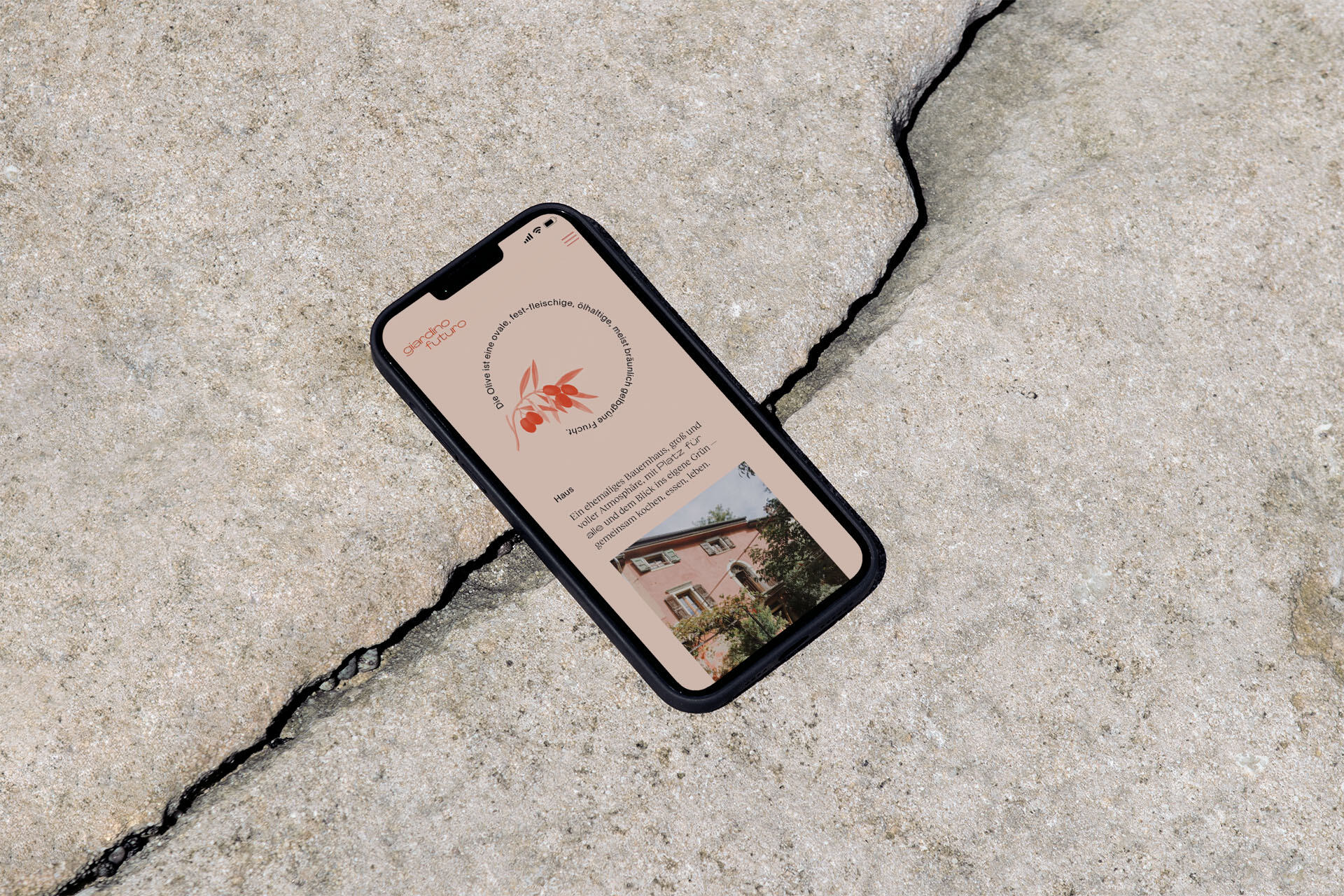 Smartphone mit der geöffneten Webseite des „Giardino Futuro“, die ein Design mit einer Illustration und einem Bild eines Hauses zeigt, liegend auf einer rissigen Natursteinfläche.