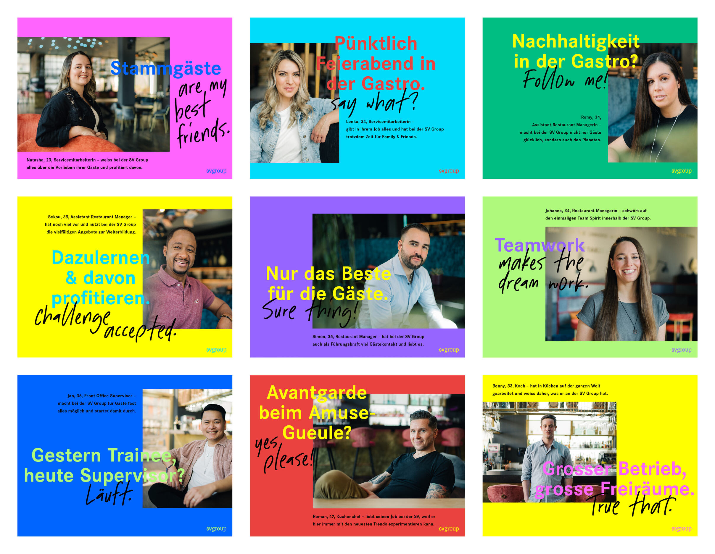 Collage aus neun bunten Key Visuals mit verschiedenen Personen und Slogans zu Themen wie Gastronomie, Teamwork, Nachhaltigkeit und Kundenservice als Teil der Recruiting-Kampagne für die SV Group.
