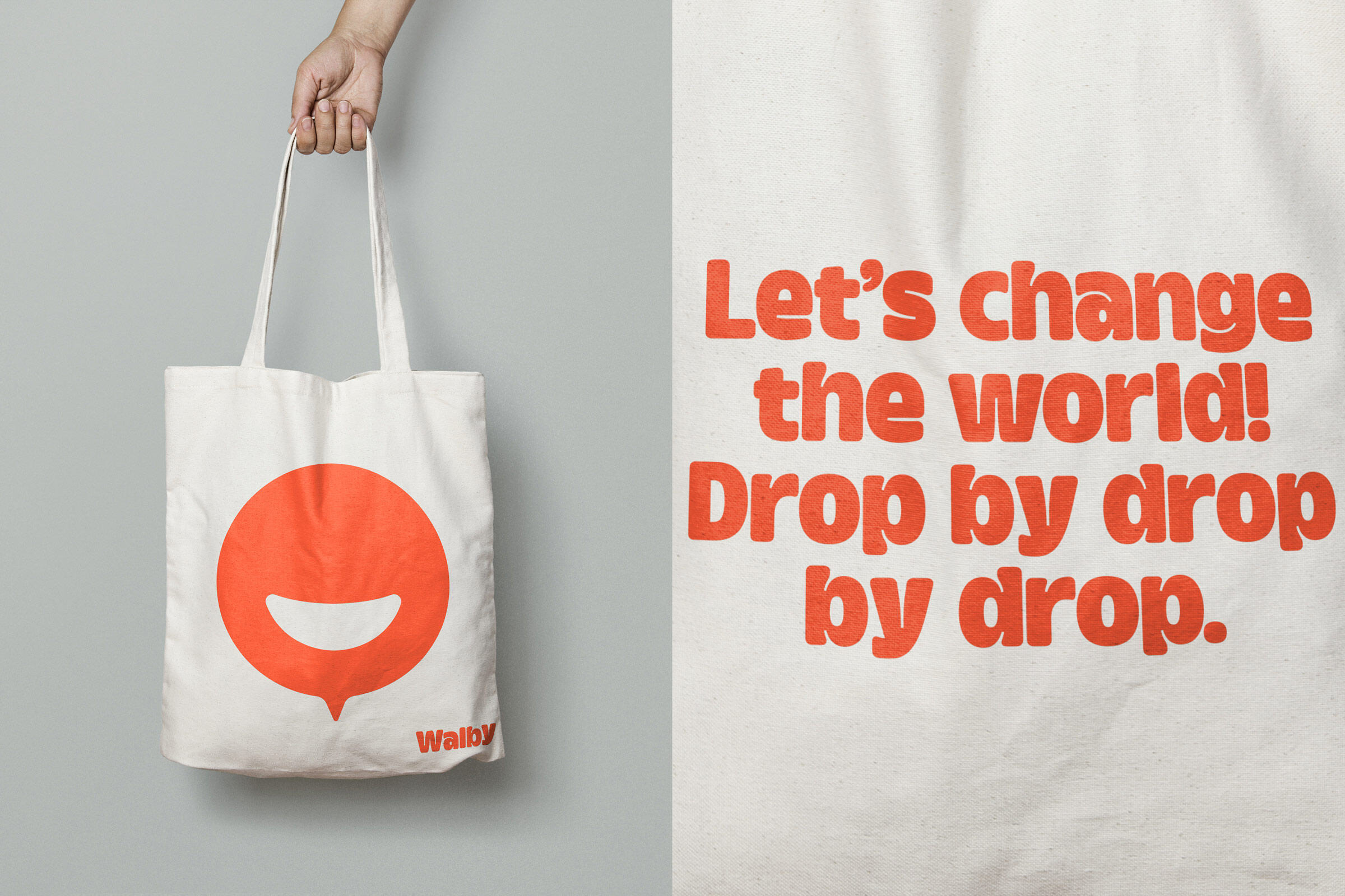 Zweiteiliges Bild einer nachhaltigen Bio-Baumwolltasche. Links: Tasche mit dem roten Walby-Logo, das ein stilisiertes Lächeln in einem Kreis darstellt. Rechts: Nahaufnahme mit dem Text „Let’s change the world! Drop by drop by drop.“ in roter Schrift, unterstreicht die Mission der Walby-App als soziales Netzwerk für gute Taten.