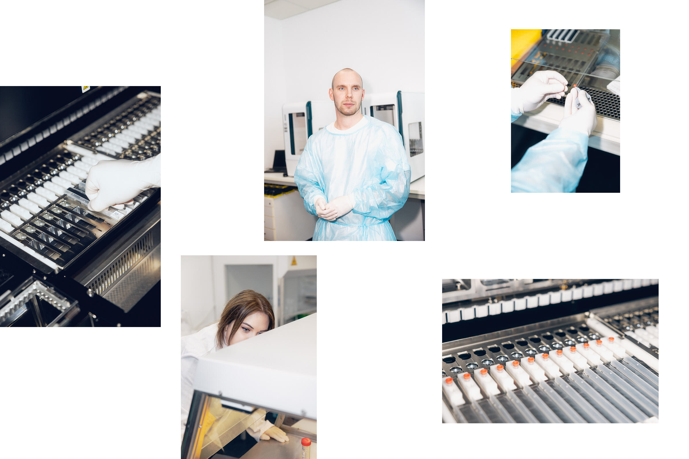 Collage aus fünf Laboraufnahmen, die Einblicke in die Arbeitswelt bei gerbion geben. Zu sehen sind technische Detailaufnahmen automatisierter Analysegeräte, zwei Mitarbeitende in Schutzkleidung bei der Arbeit sowie ein Porträt eines Labormitarbeiters. Die Bildsprache wirkt hell, dokumentarisch und präzise.