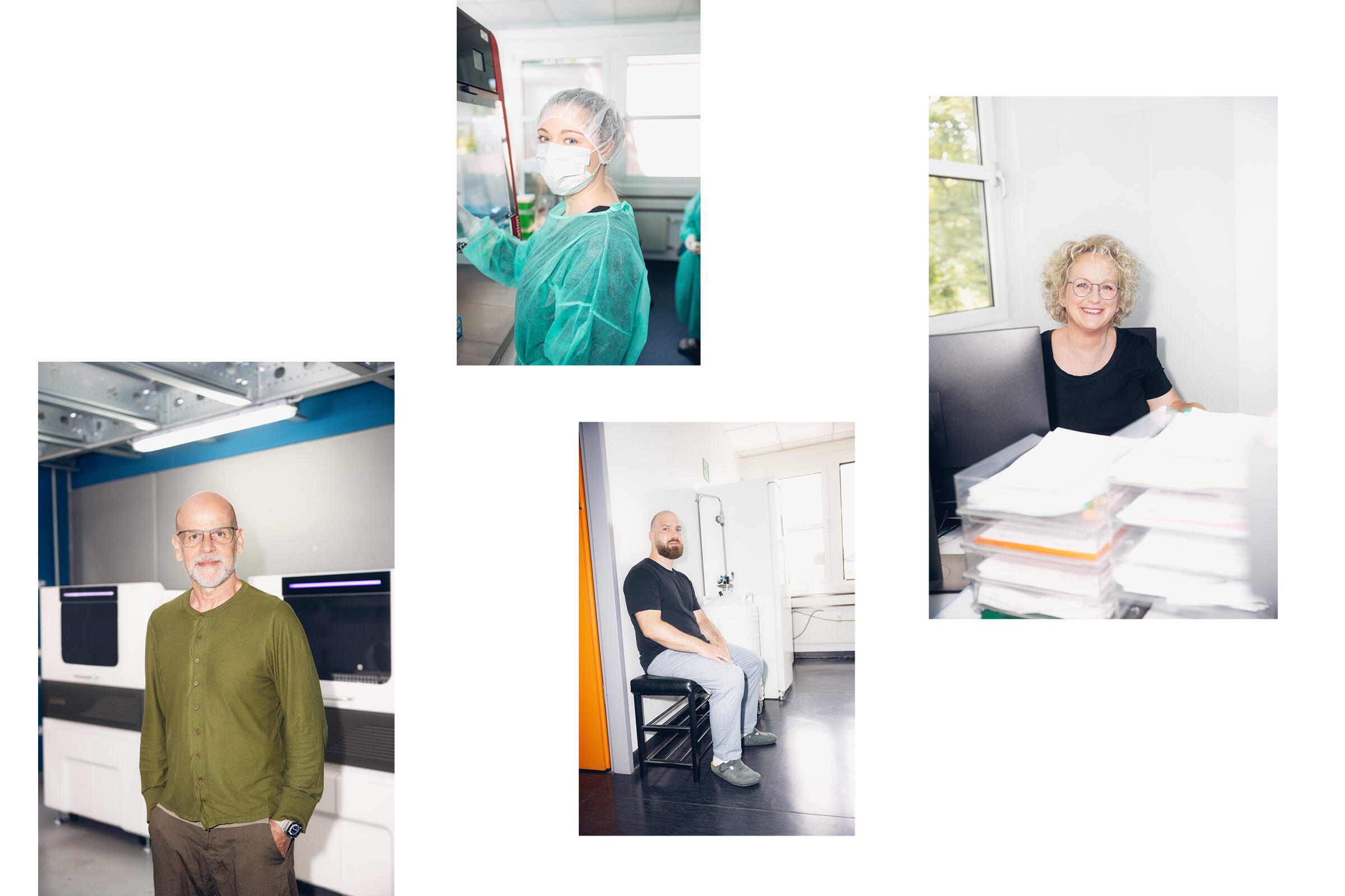 Portrait-Collage von vier gerbion-Mitarbeitenden in ihrem jeweiligen Arbeitsumfeld. Die Aufnahmen zeigen eine Frau im grünen Schutzkittel vor einem Analysegerät, eine Mitarbeiterin an einem Schreibtisch mit Aktenstapeln, sowie zwei männliche Kollegen – einer im Laborraum, einer in einem hellen Büroraum. Die Bildsprache ist authentisch, hell und persönlich.