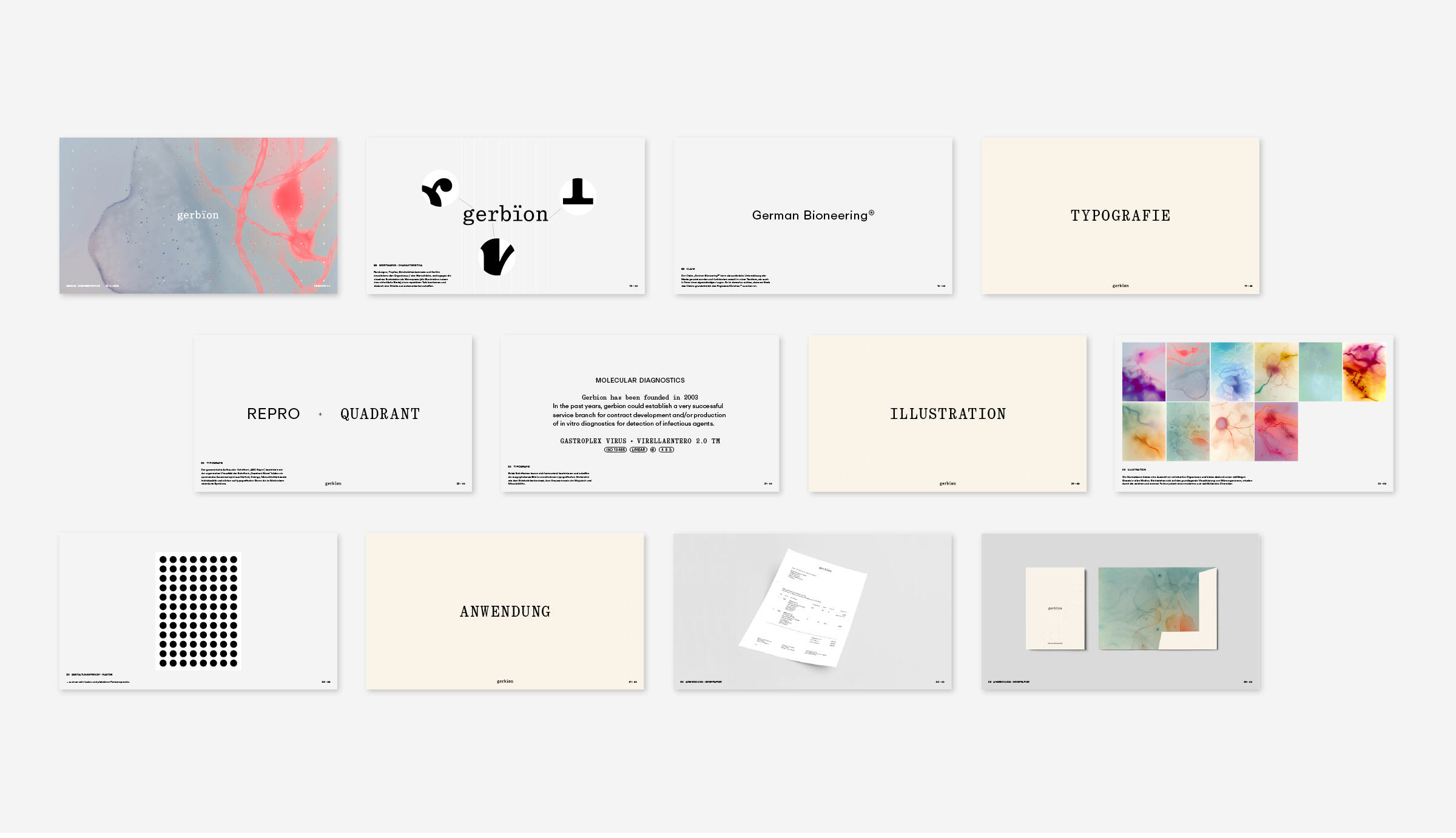 Übersicht von zwölf Styleguide-Seiten aus dem gerbion-Corporate-Design. Die Slides zeigen zentrale Gestaltungselemente wie Logo, Typografie, Farbsystem, Illustrationen, Layoutprinzipien und Anwendung auf Geschäftsausstattung. Die Gestaltung ist klar, reduziert und systematisch – mit organischen Akzenten in Farbverläufen und Rastergrafiken.