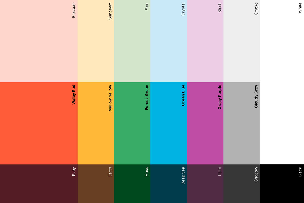Walby-Farbpalette mit 15 Farben, die von warmen Tönen wie ‘Walby Red’ und ‘Mellow Yellow’ über kühle Farben wie ‘Ocean Blue’ bis hin zu neutralen Farben wie ‘Cloudy Grey’ reicht. Die Palette repräsentiert die vielfältige und positive Identität der Marke Walby, dem sozialen Netzwerk für gute Taten.