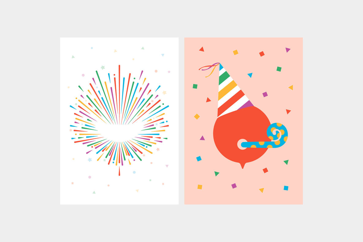 Zwei kreative Geburtstagskarten-Layouts. Links: Farbiges Strahlenmotiv in Regenbogenfarben mit einer zentralen weißen Fläche in Form des Walby-Logos. Rechts: Fröhliches Design mit einem orangefarbenen Kreis, der das Walby-Logo darstellt, verziert mit einer Partyhüte und einer Partytröte, umgeben von bunten Konfettistücken auf einem beigefarbenen Hintergrund. Beide Designs strahlen Freude und Feierlichkeit aus und repräsentieren die positive Botschaft der Marke Walby.