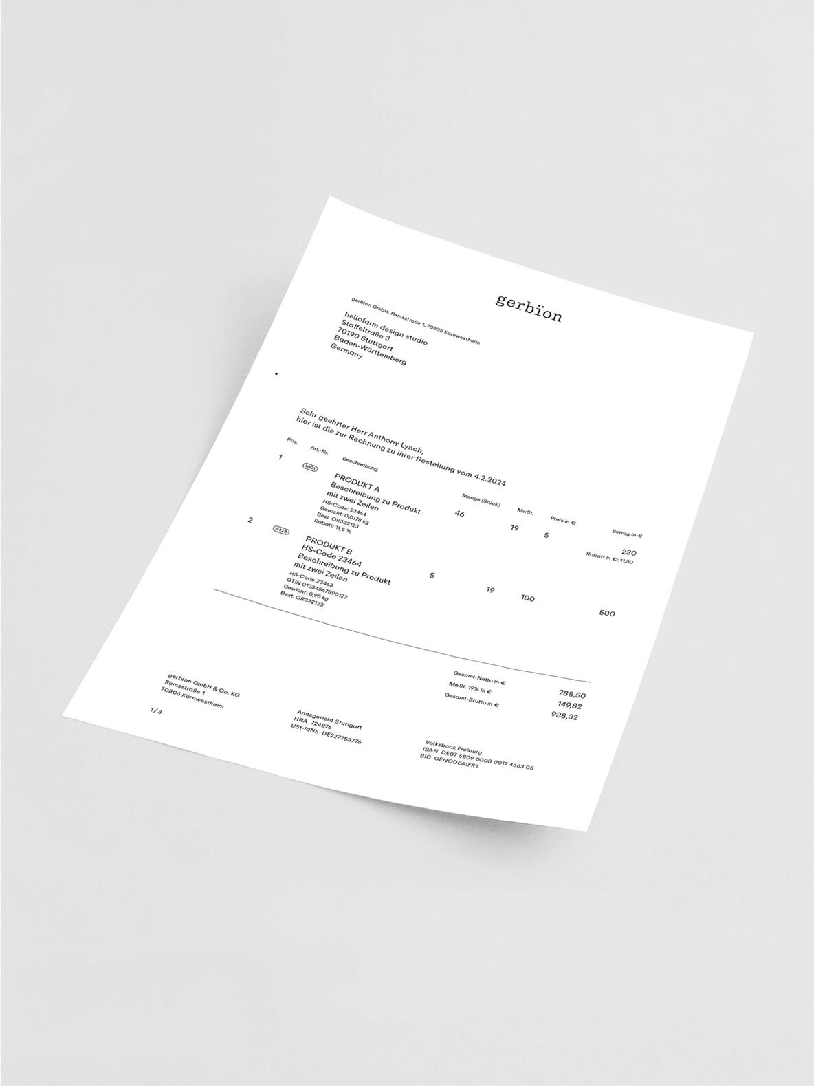 Minimalistisch gestalteter Briefbogen von gerbion, schräg auf einer hellgrauen Fläche liegend. Die Gestaltung ist reduziert und sachlich, mit dem gerbion-Logo oben rechts, klar strukturierter Typografie und viel Weißraum. Das Dokument zeigt beispielhaft ein offizielles Formular oder eine Rechnung im Corporate Design.