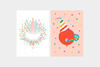 Zwei kreative Geburtstagskarten-Layouts. Links: Farbiges Strahlenmotiv in Regenbogenfarben mit einer zentralen weißen Fläche in Form des Walby-Logos. Rechts: Fröhliches Design mit einem orangefarbenen Kreis, der das Walby-Logo darstellt, verziert mit einer Partyhüte und einer Partytröte, umgeben von bunten Konfettistücken auf einem beigefarbenen Hintergrund. Beide Designs strahlen Freude und Feierlichkeit aus und repräsentieren die positive Botschaft der Marke Walby.